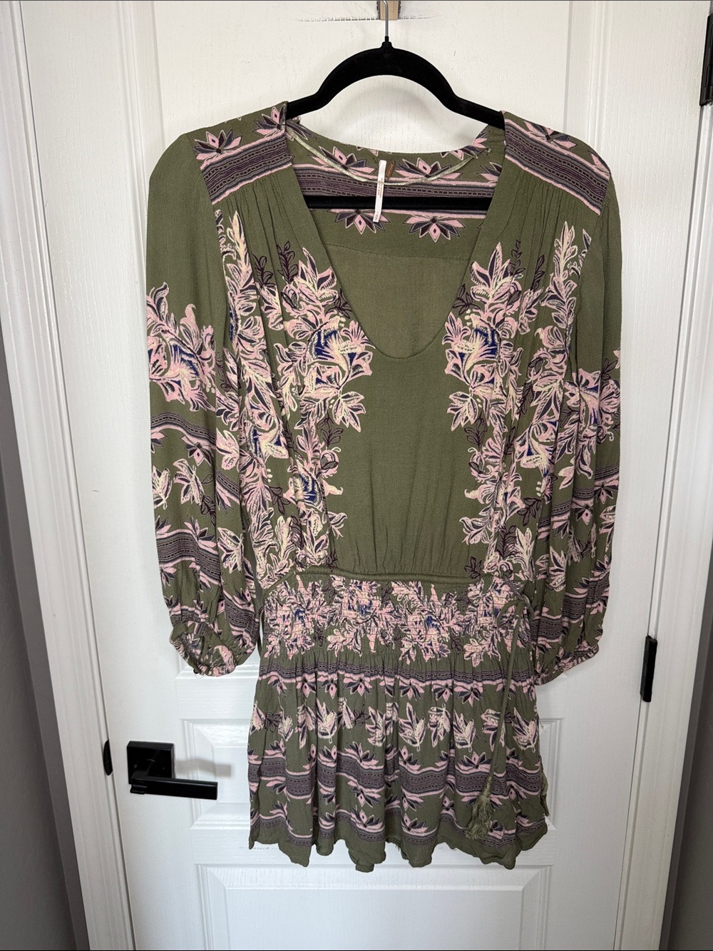 Free People Olive Green Dress with Pink Floral Print